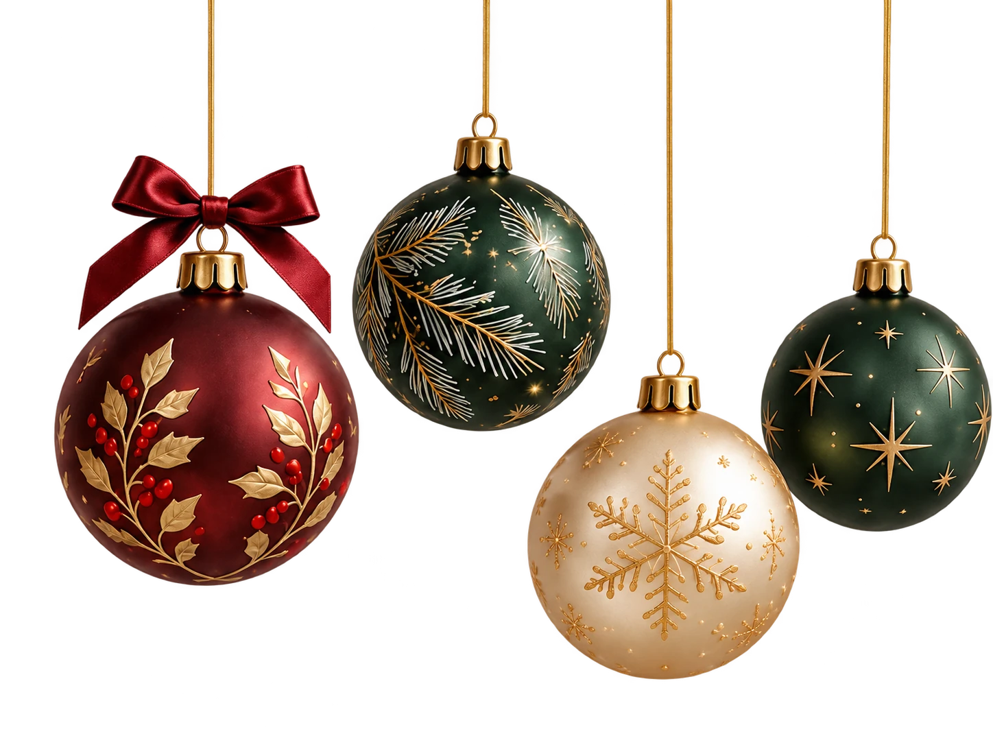 Red, green and ivory Christmas baubles with gold leaf, snowflake and star patterns